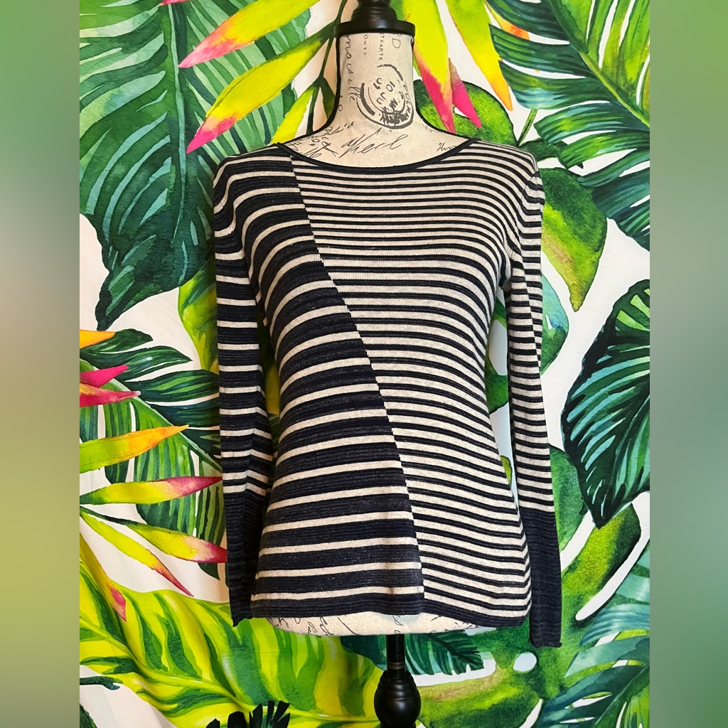 Nic+Zoe Pp Ecru Blue Striped Lightweight Fall Preppy Xsp Teacher School Sweater